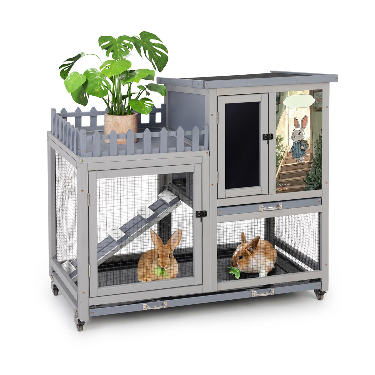 Wood Rabbit Hutch with Balcony on Wheels C21905