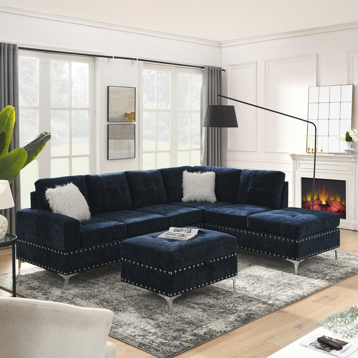 108'' Chenille Navy Blue L-Shaped Sectional Sofa with Storage Ottoman J8758