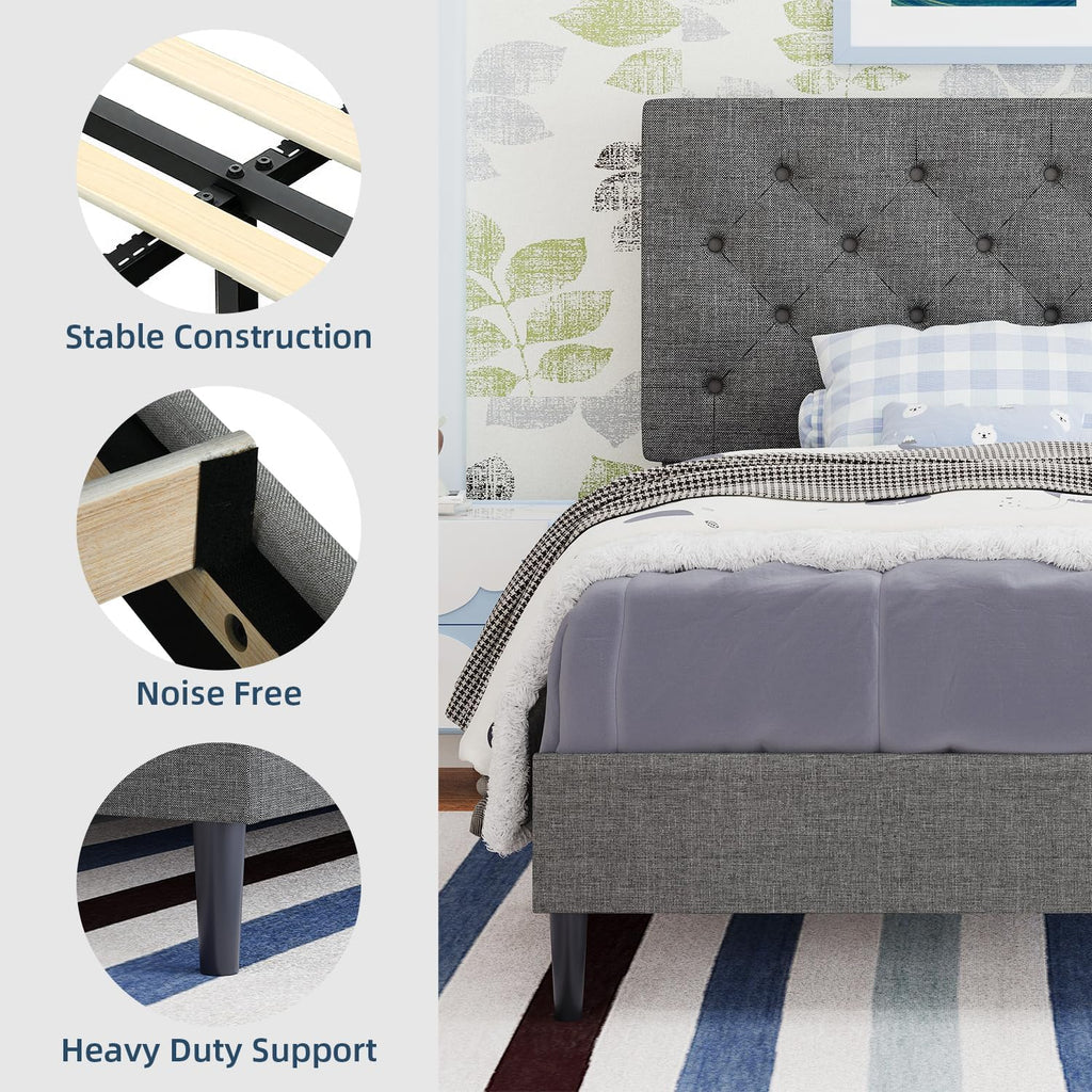 Light Grey Twin Bed Frame with Adjustable Tufted Headboard P2278
