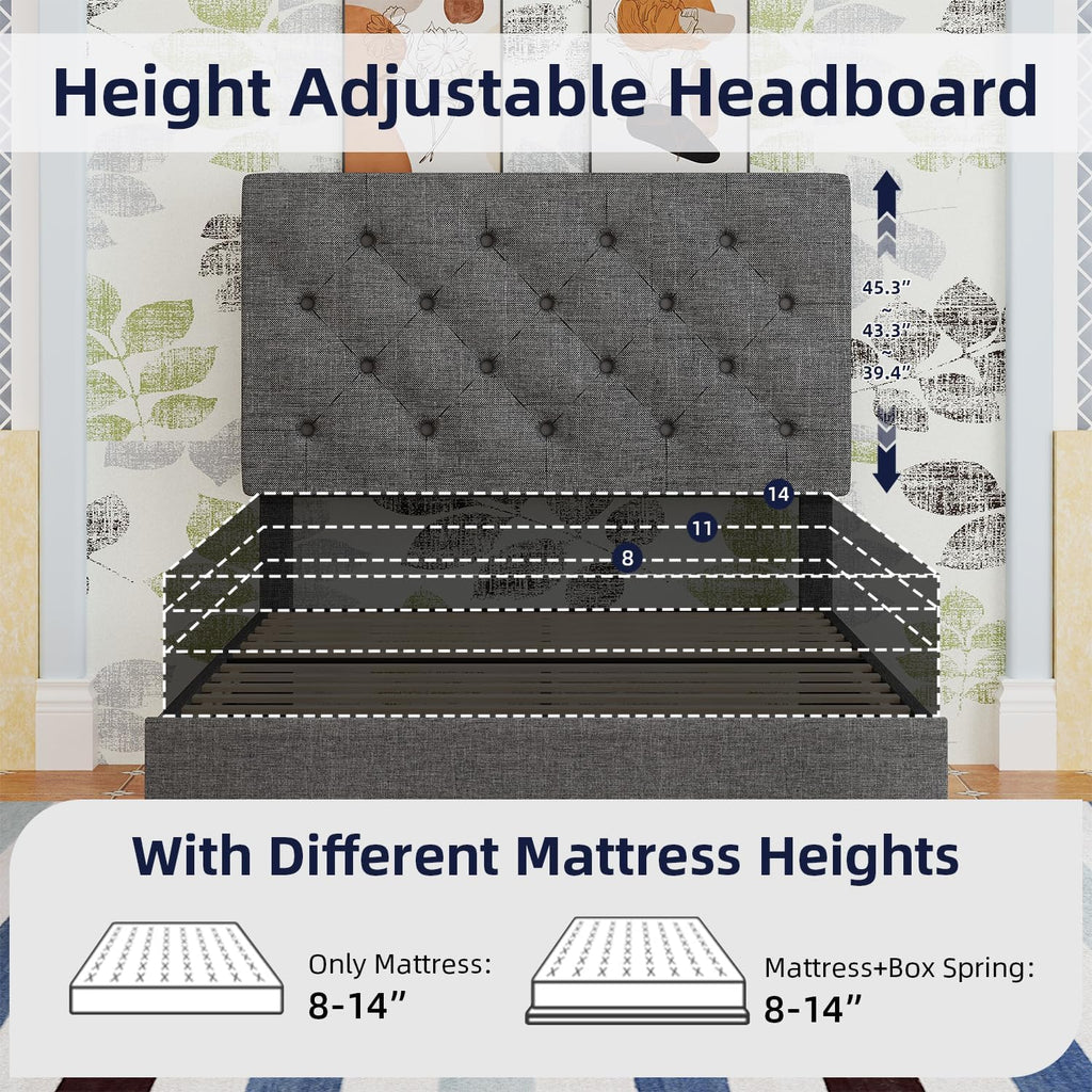 Light Grey Twin Bed Frame with Adjustable Tufted Headboard P2278