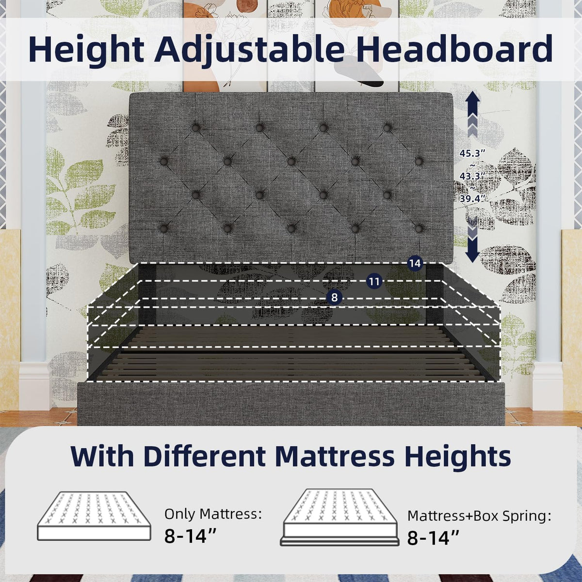 Light Grey Twin Bed Frame with Adjustable Tufted Headboard P2278