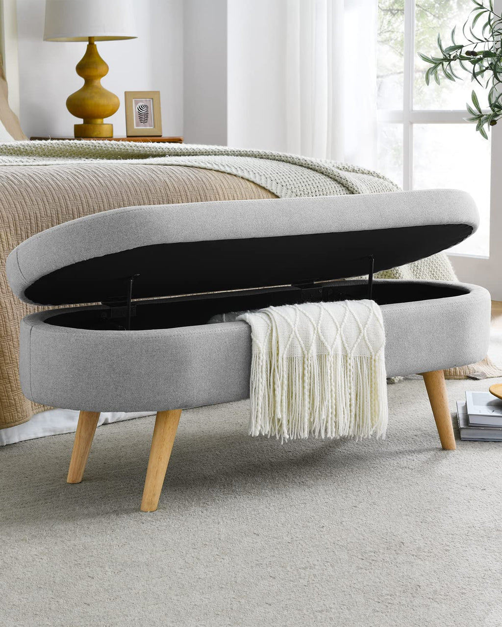 Oval Linen Fabric Upholstered Storage Bench with Solid Wood Legs K893632