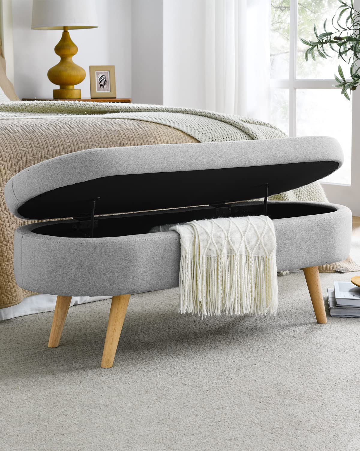 Oval Linen Fabric Upholstered Storage Bench with Solid Wood Legs K893632