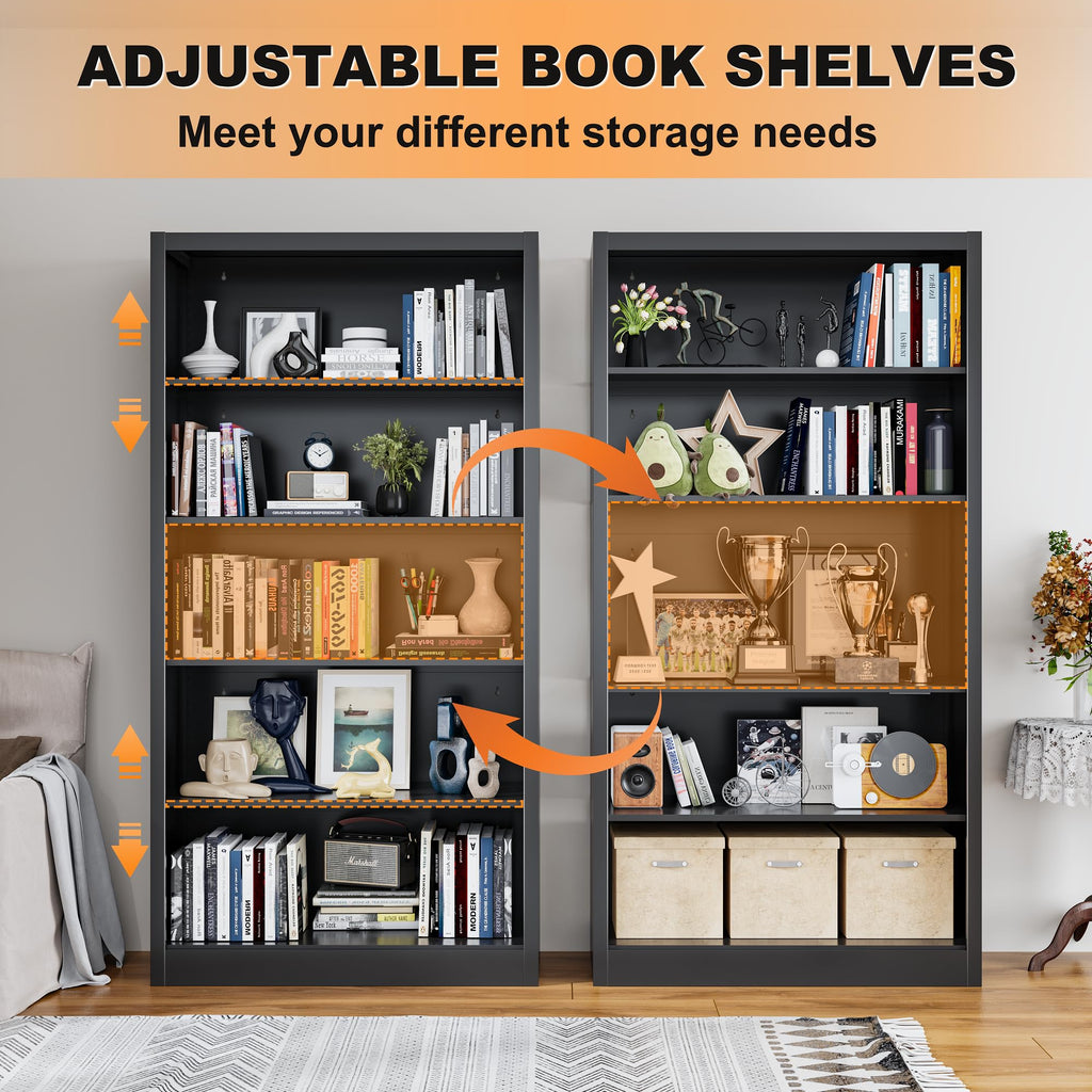 66" Tall Black Metal Bookcase with Adjustable Shelves X66519