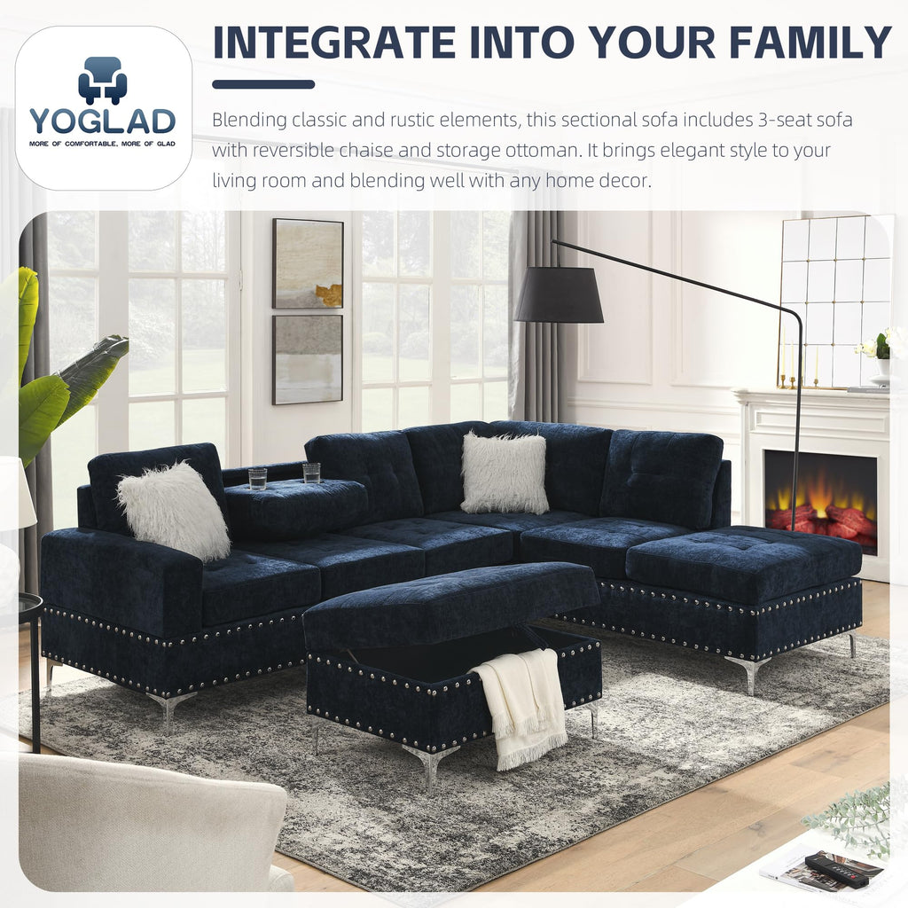 108'' Chenille Navy Blue L-Shaped Sectional Sofa with Storage Ottoman J8758