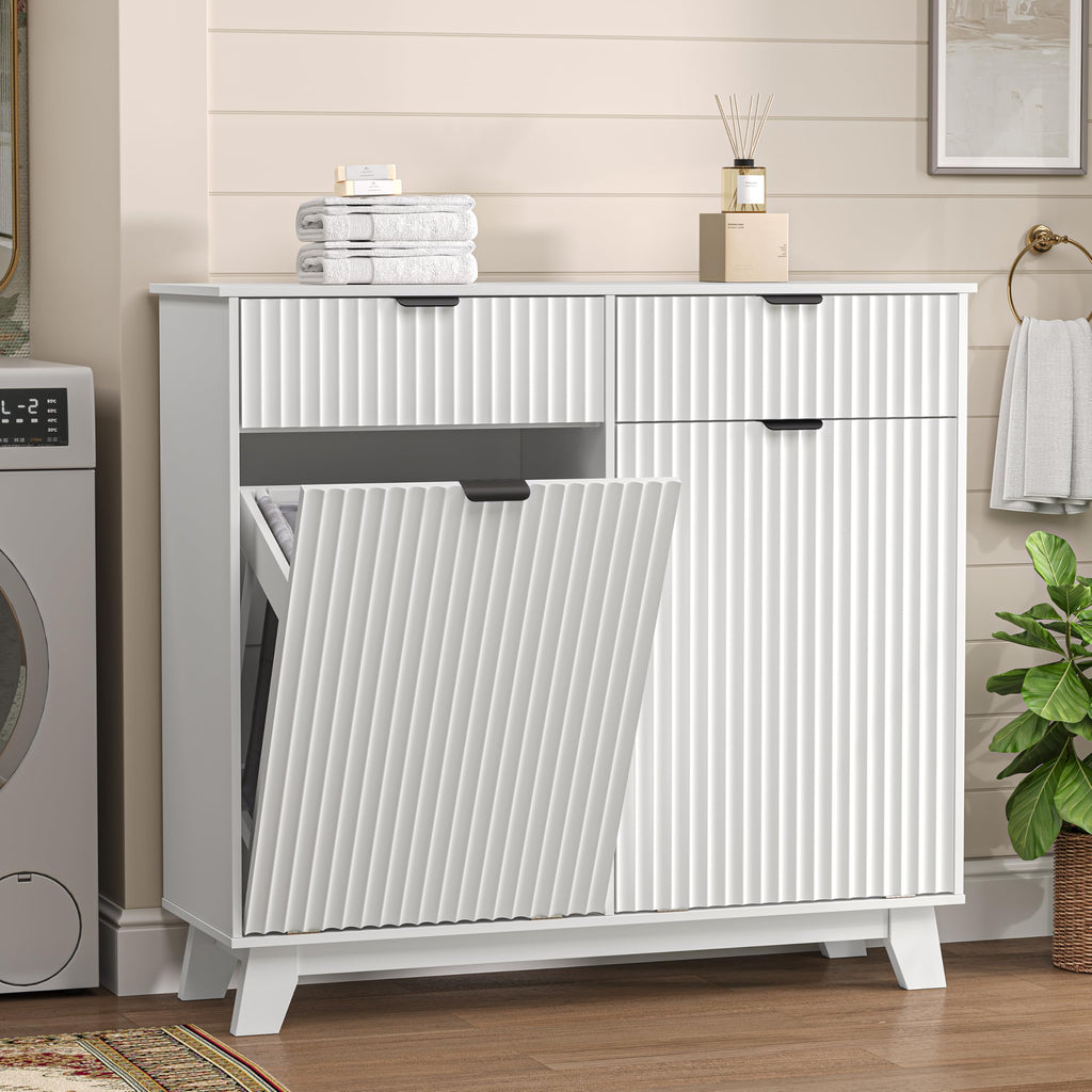 White 20 Gallon Double Tilt Out Laundry Hamper Cabinet with 2 Drawers P1201