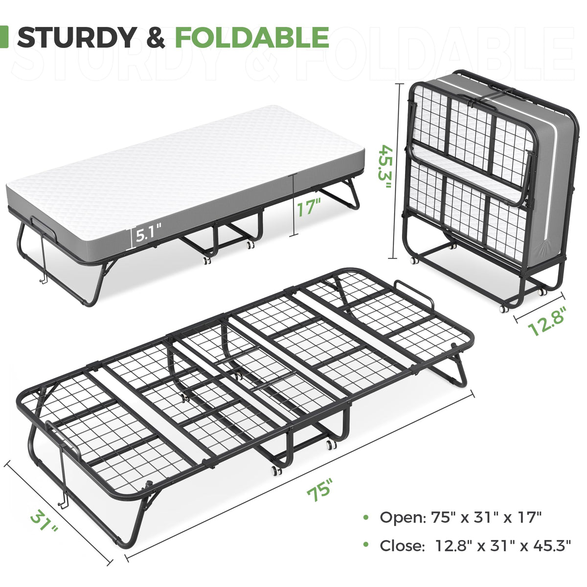 Folding Bed with Mattress 75" x 31" 5" Memory Foam J93532