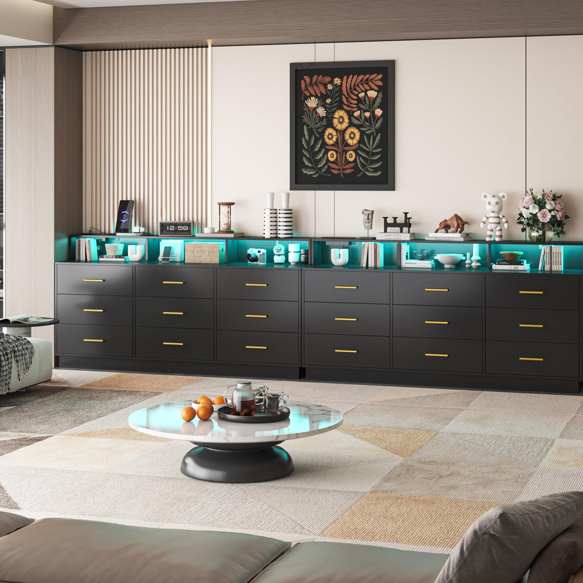 Black 9 Drawer Wood Dresser with LED Light and Power Outlet V72047