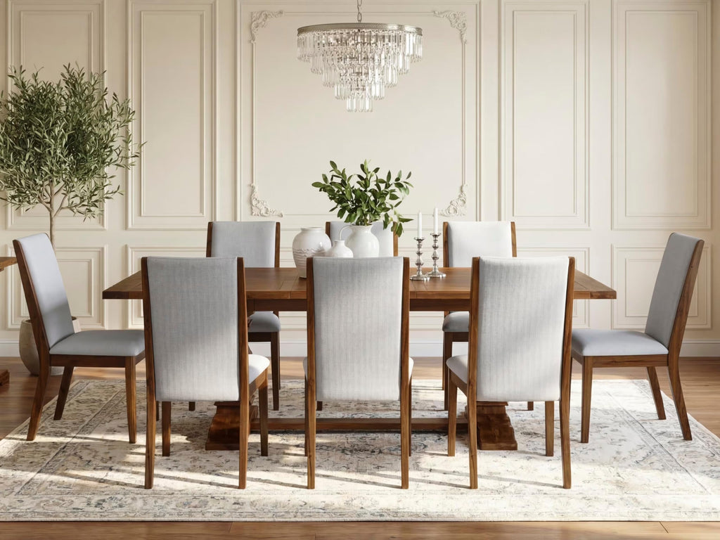 9 Piece Walnut Dining Room Set with 8 Grey Linen Chairs Q829
