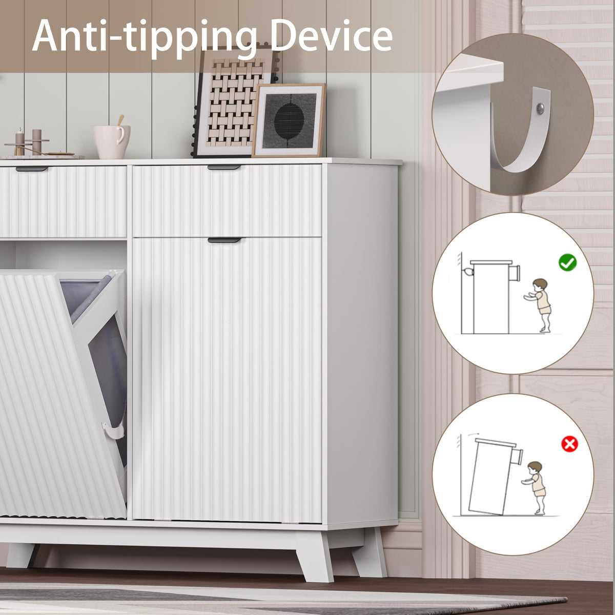 White 20 Gallon Double Tilt Out Laundry Hamper Cabinet with 2 Drawers P1201