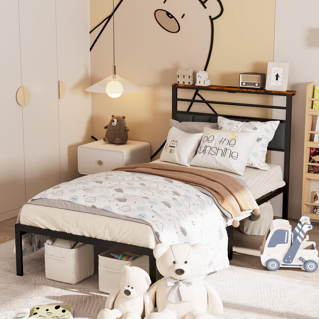 Twin Bed Frame with LED Lights & Charging Station I1687