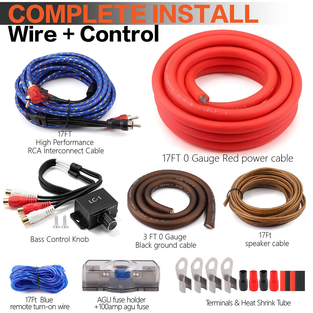 0 Gauge Car Audio Amp Wiring Kit 3000W with Bass Knob O178044