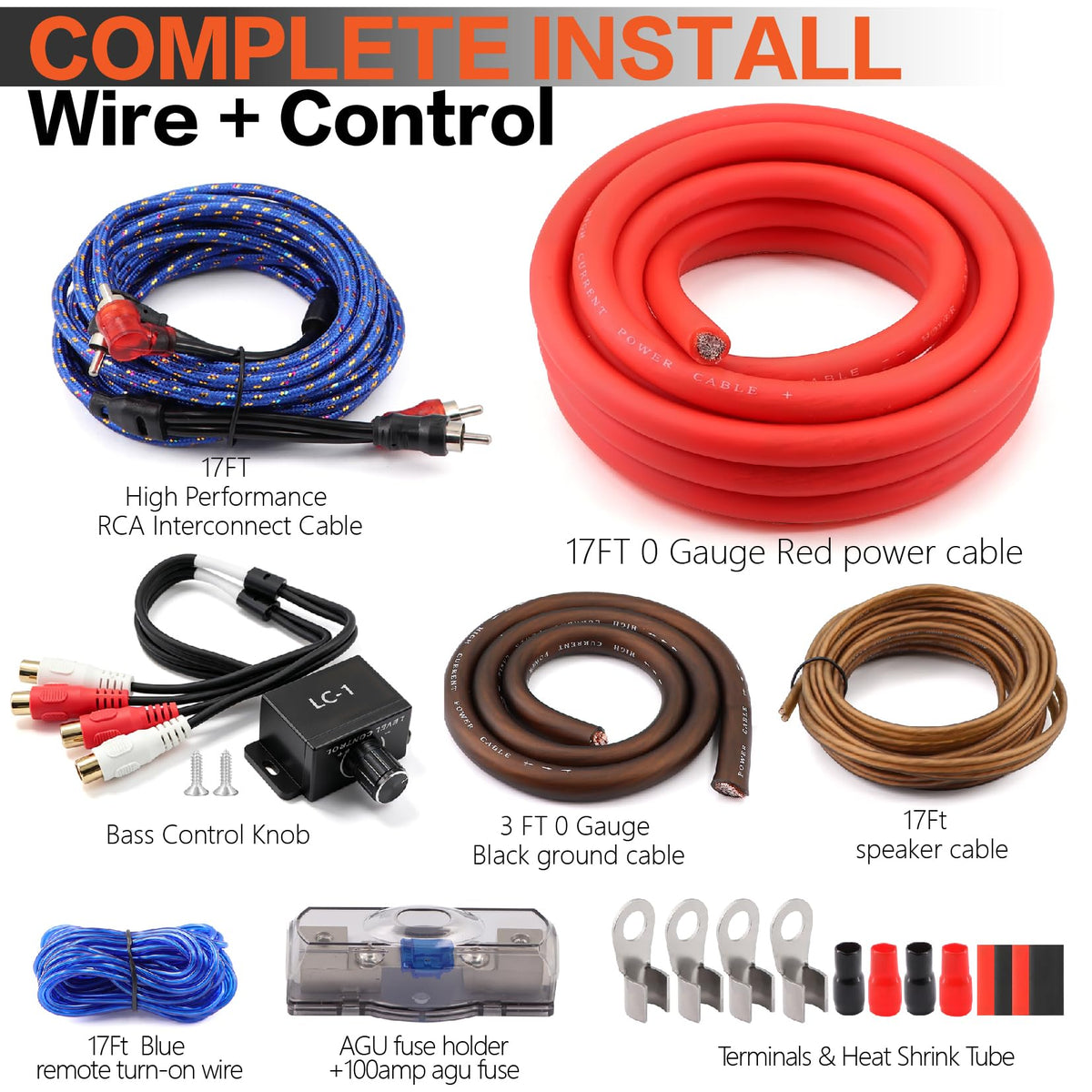 0 Gauge Car Audio Amp Wiring Kit 3000W with Bass Knob O178044