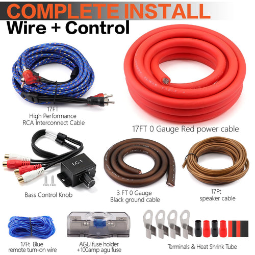 0 Gauge Car Audio Amp Wiring Kit 3000W with Bass Knob O178044