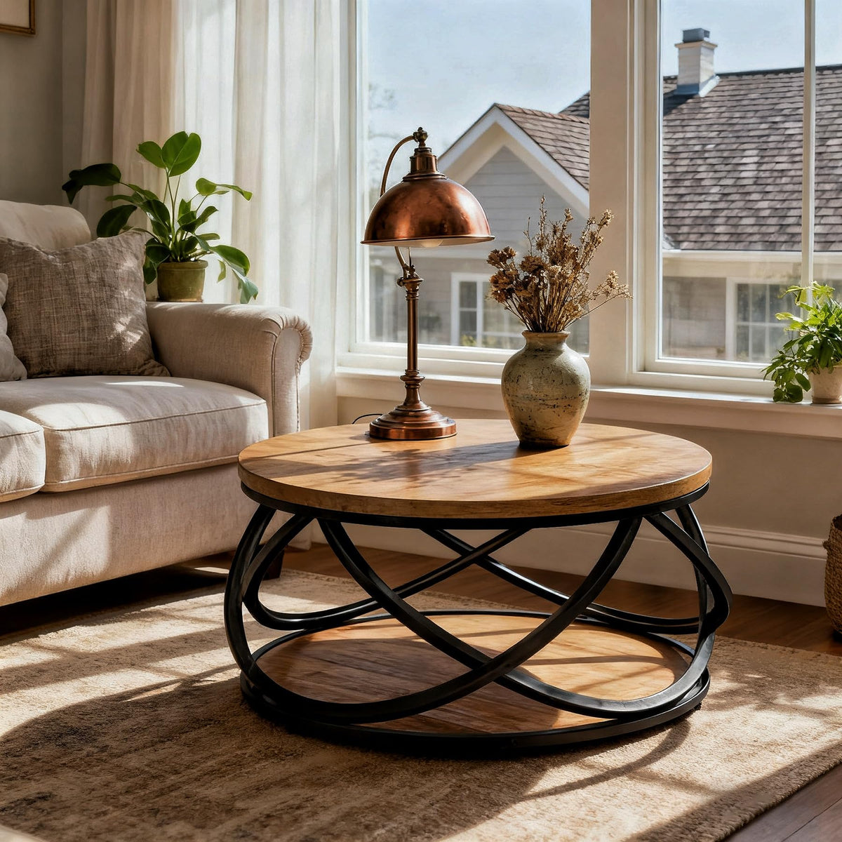 2-Tier Round Coffee Table with Storage Shelf H161