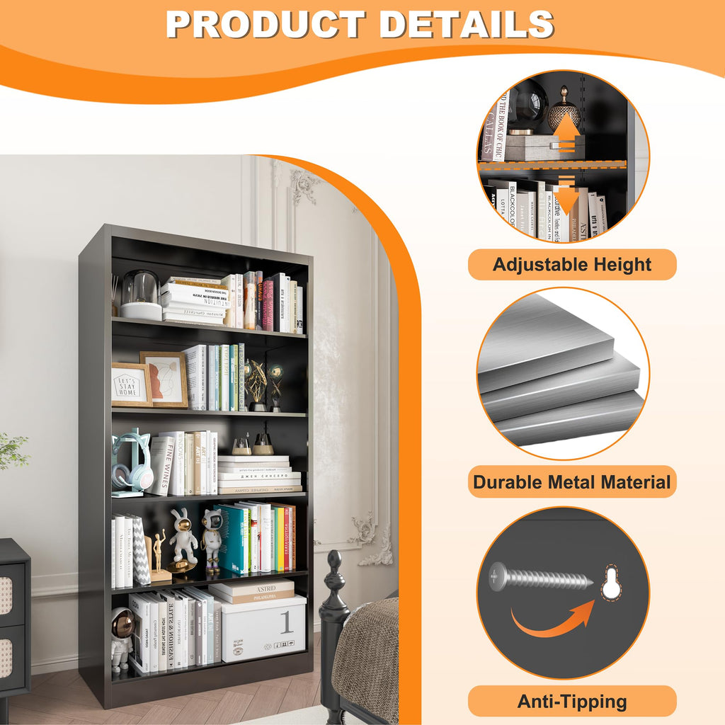 66" Tall Black Metal Bookcase with Adjustable Shelves X66519