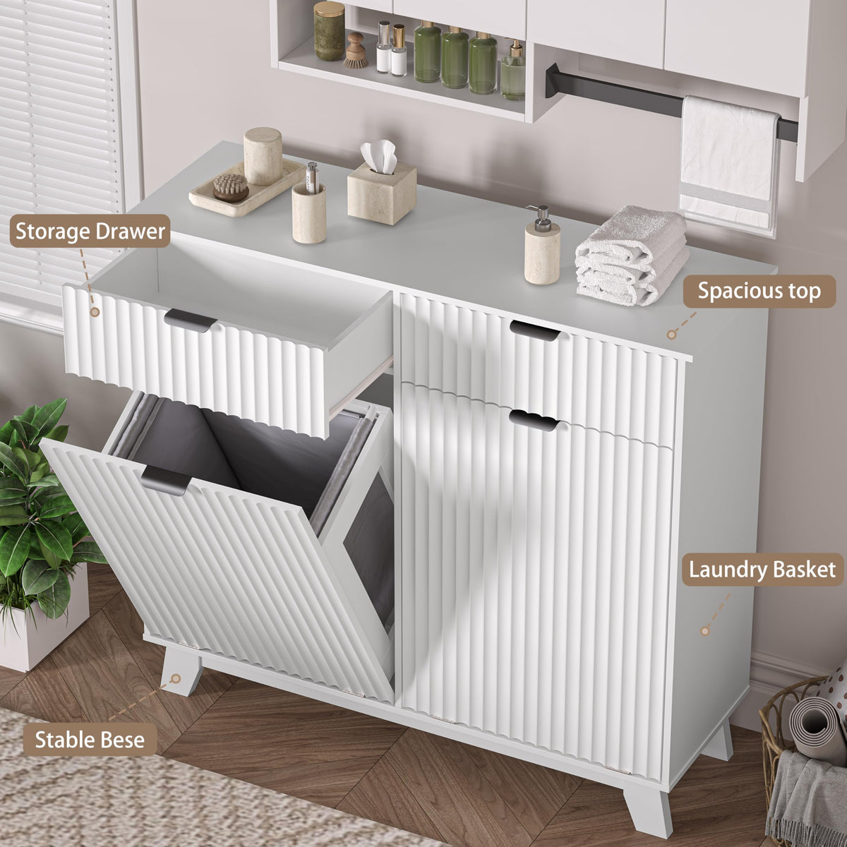 White 20 Gallon Double Tilt Out Laundry Hamper Cabinet with 2 Drawers P1201