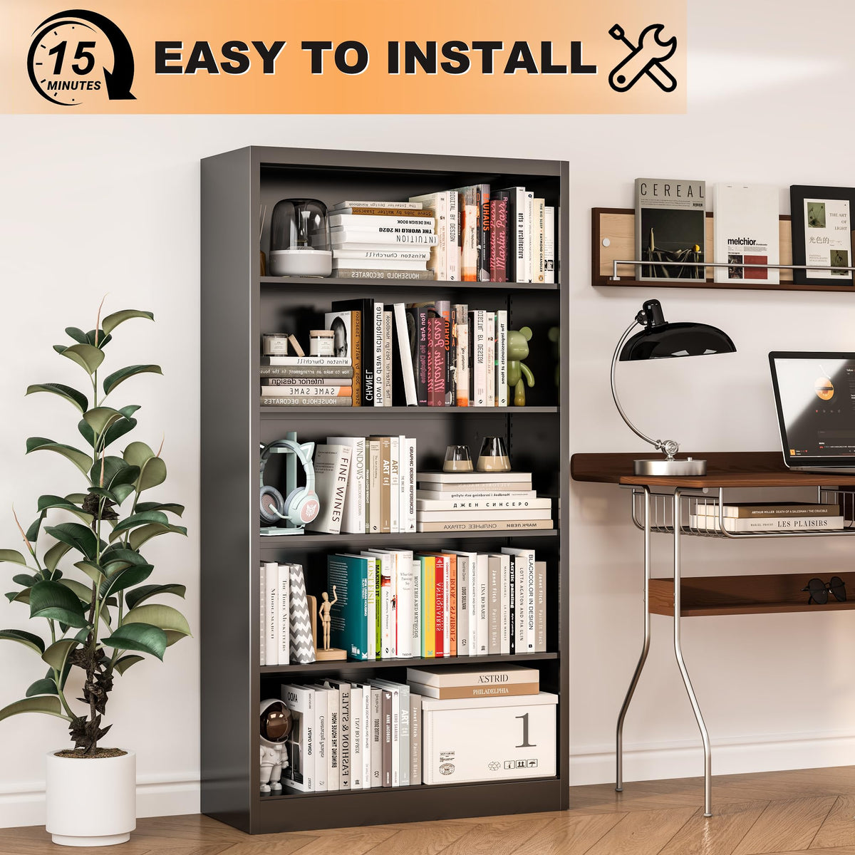 66" Tall Black Metal Bookcase with Adjustable Shelves X66519