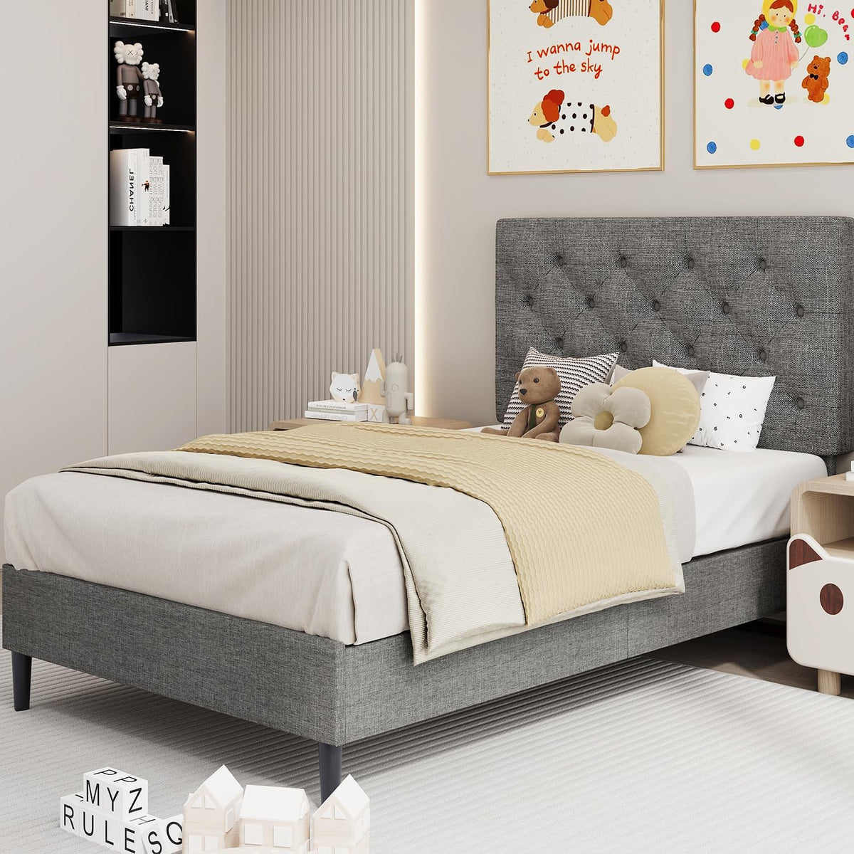 Light Grey Twin Bed Frame with Adjustable Tufted Headboard P2278