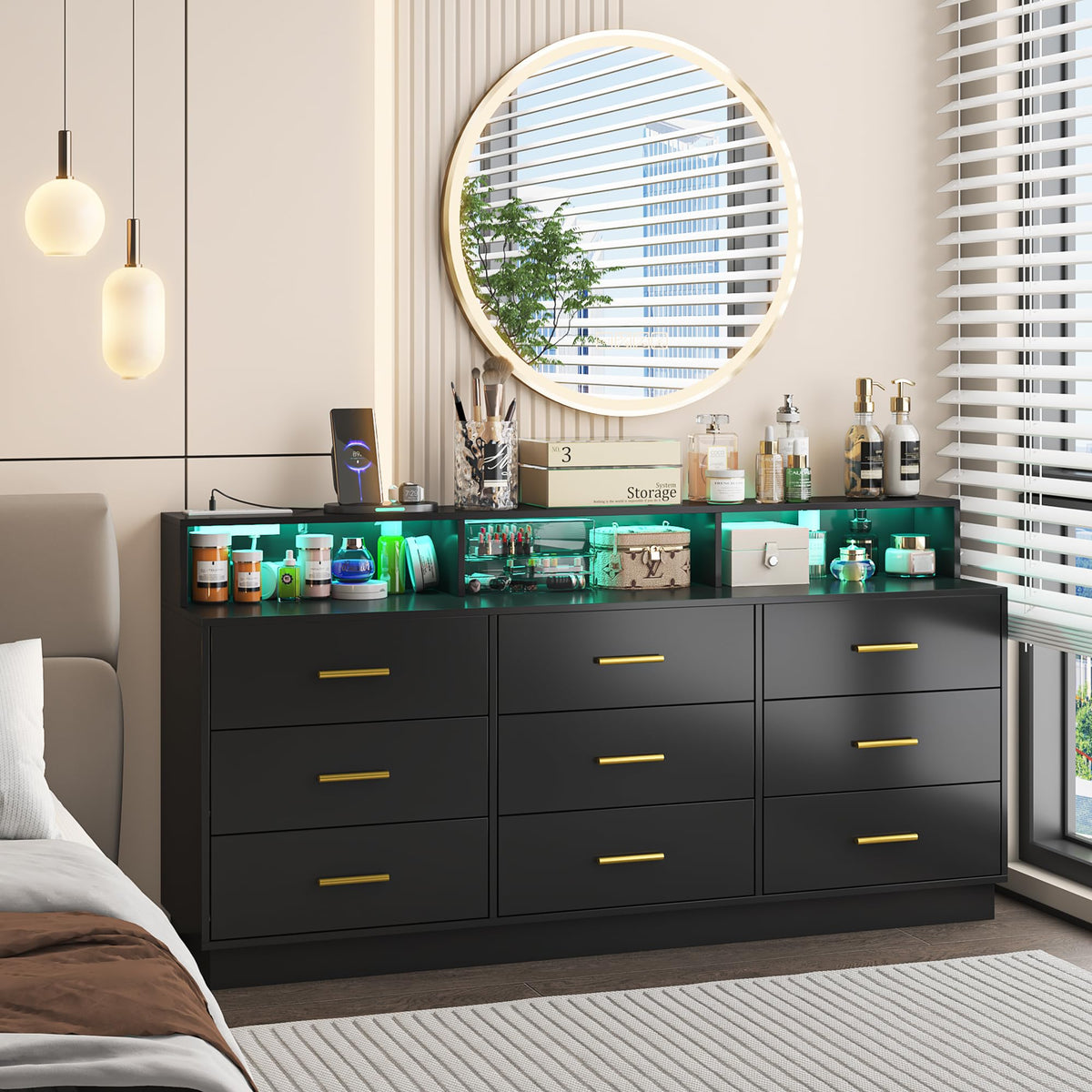 Black 9 Drawer Wood Dresser with LED Light and Power Outlet V72047