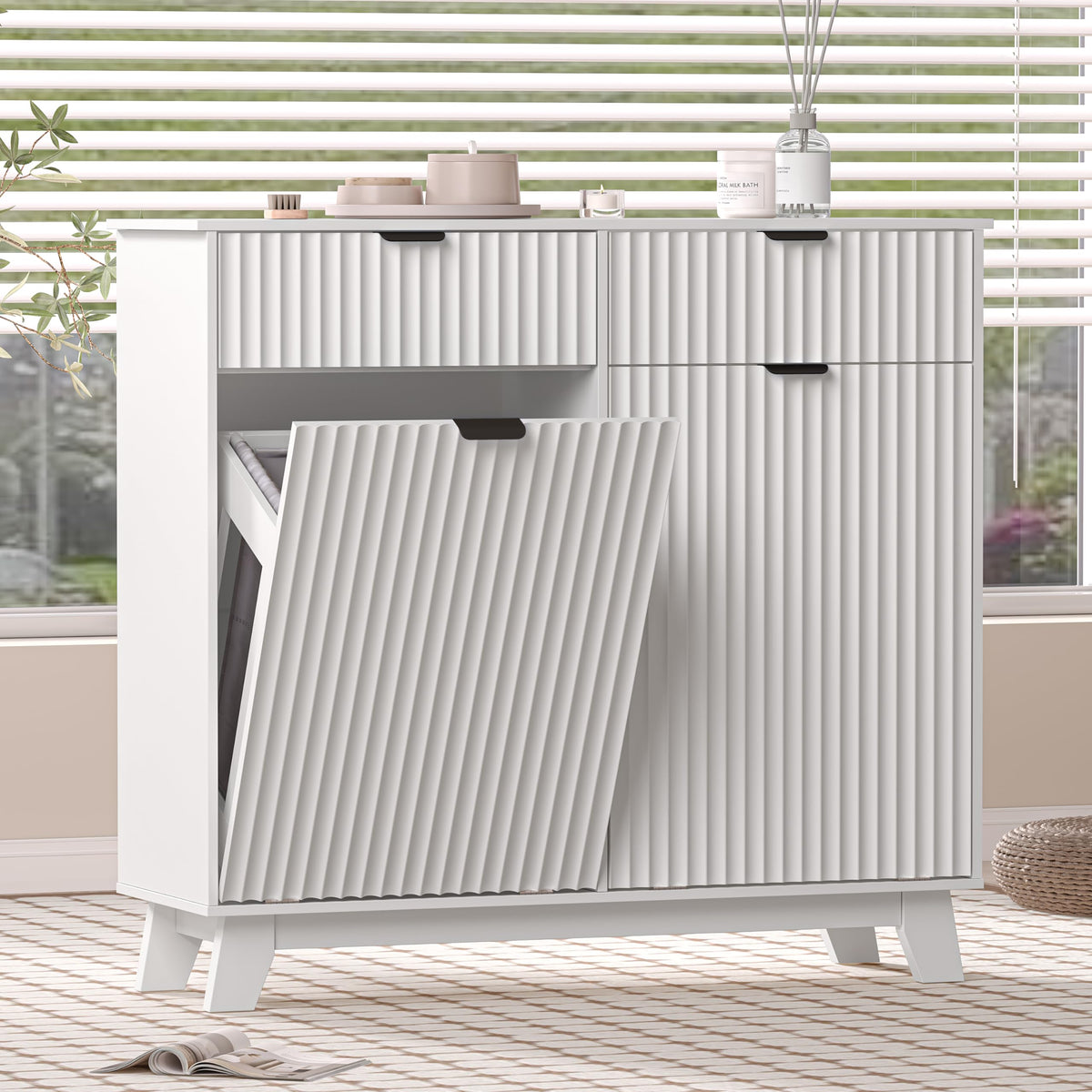 White 20 Gallon Double Tilt Out Laundry Hamper Cabinet with 2 Drawers P1201