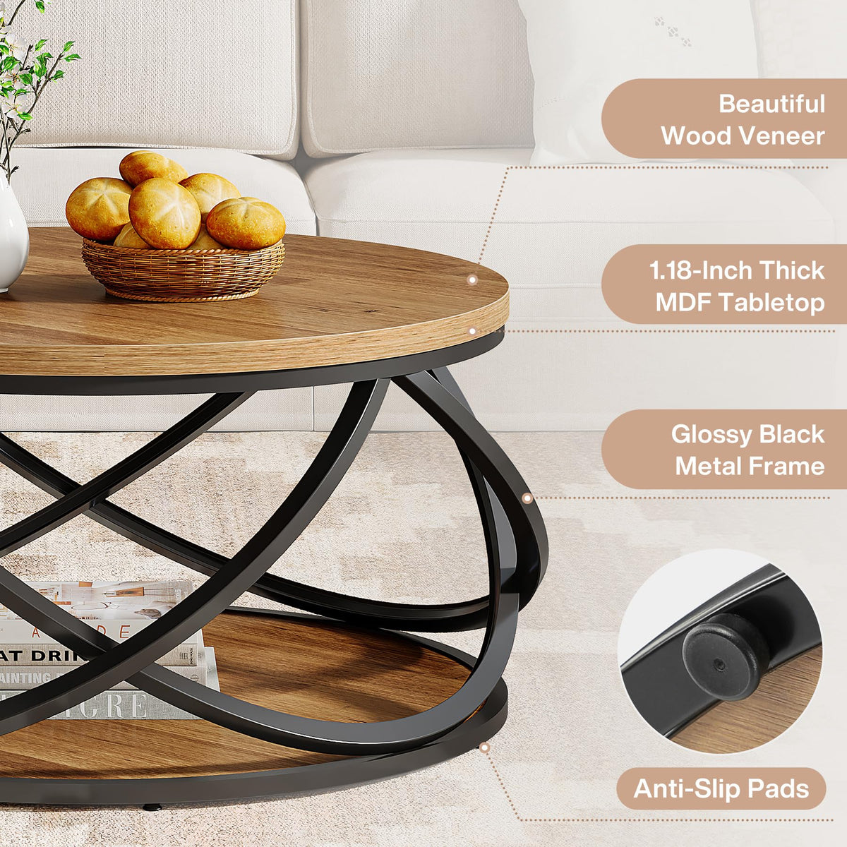 2-Tier Round Coffee Table with Storage Shelf H161