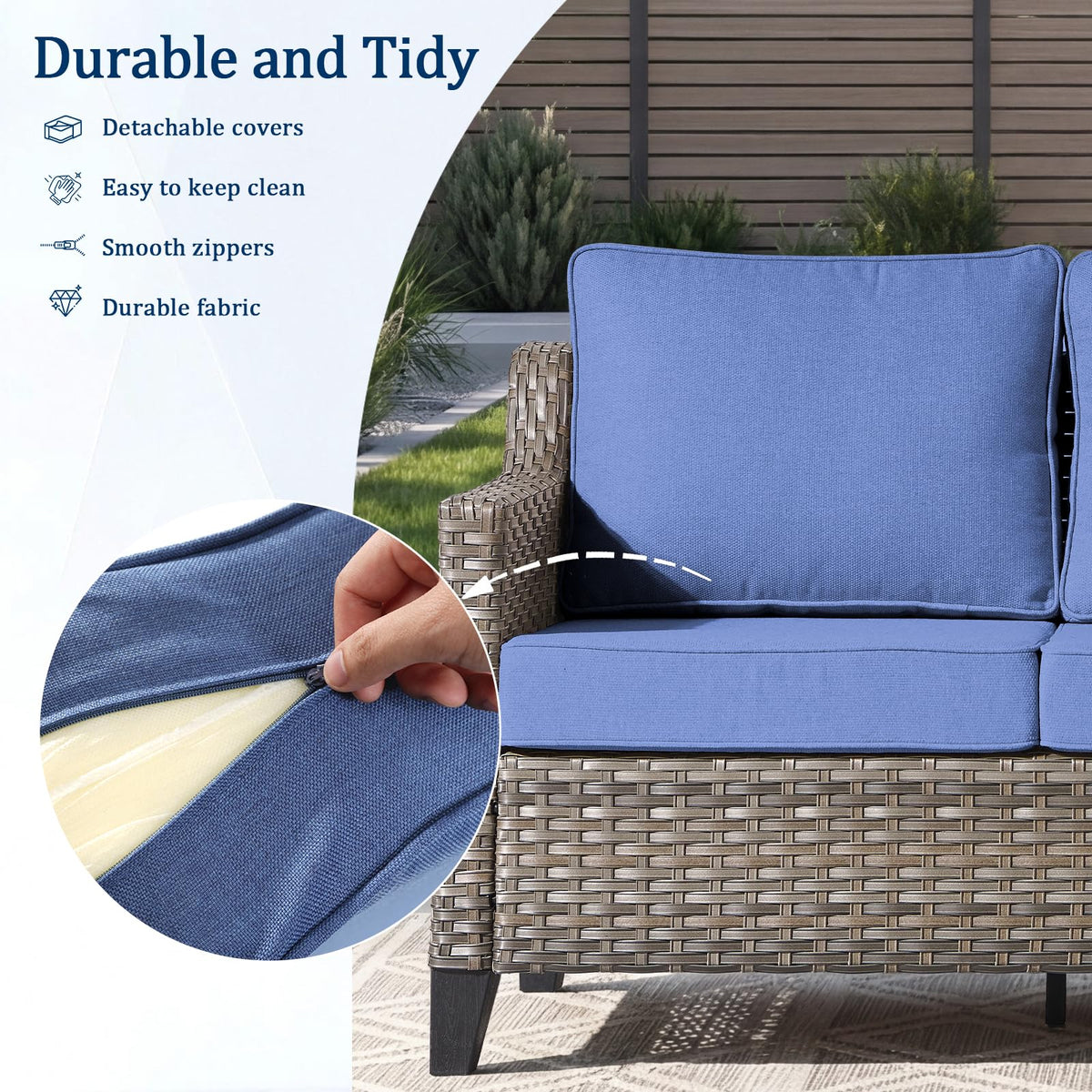 3 Pieces All Weather Wicker Patio Sofa Set with 2 Footstools V68740