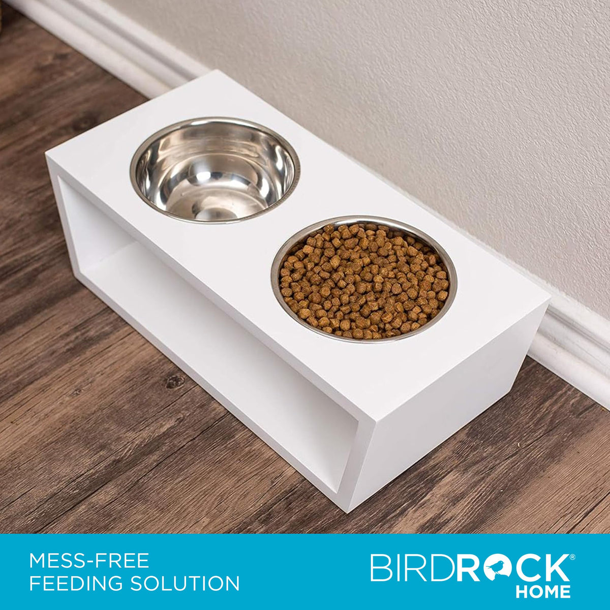 White Double Raised Pet Feeder with Stainless Steel Bowls C2942