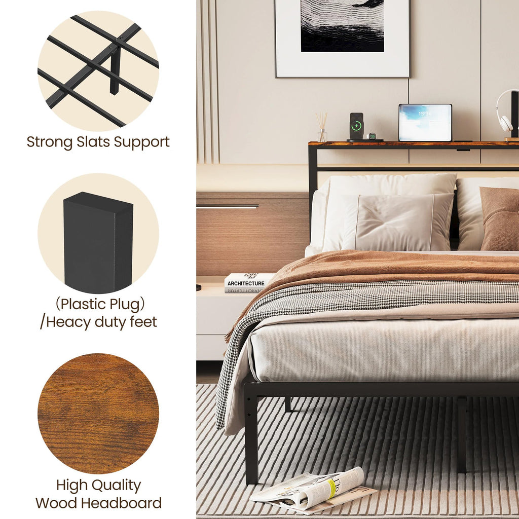 Twin Bed Frame with LED Lights & Charging Station I1687