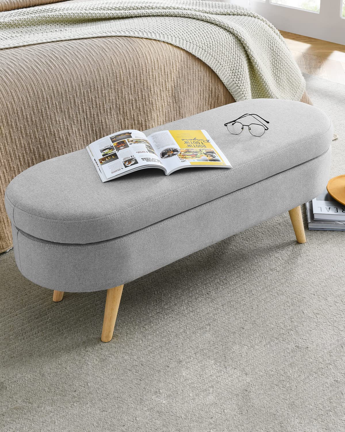 Oval Linen Fabric Upholstered Storage Bench with Solid Wood Legs K893632