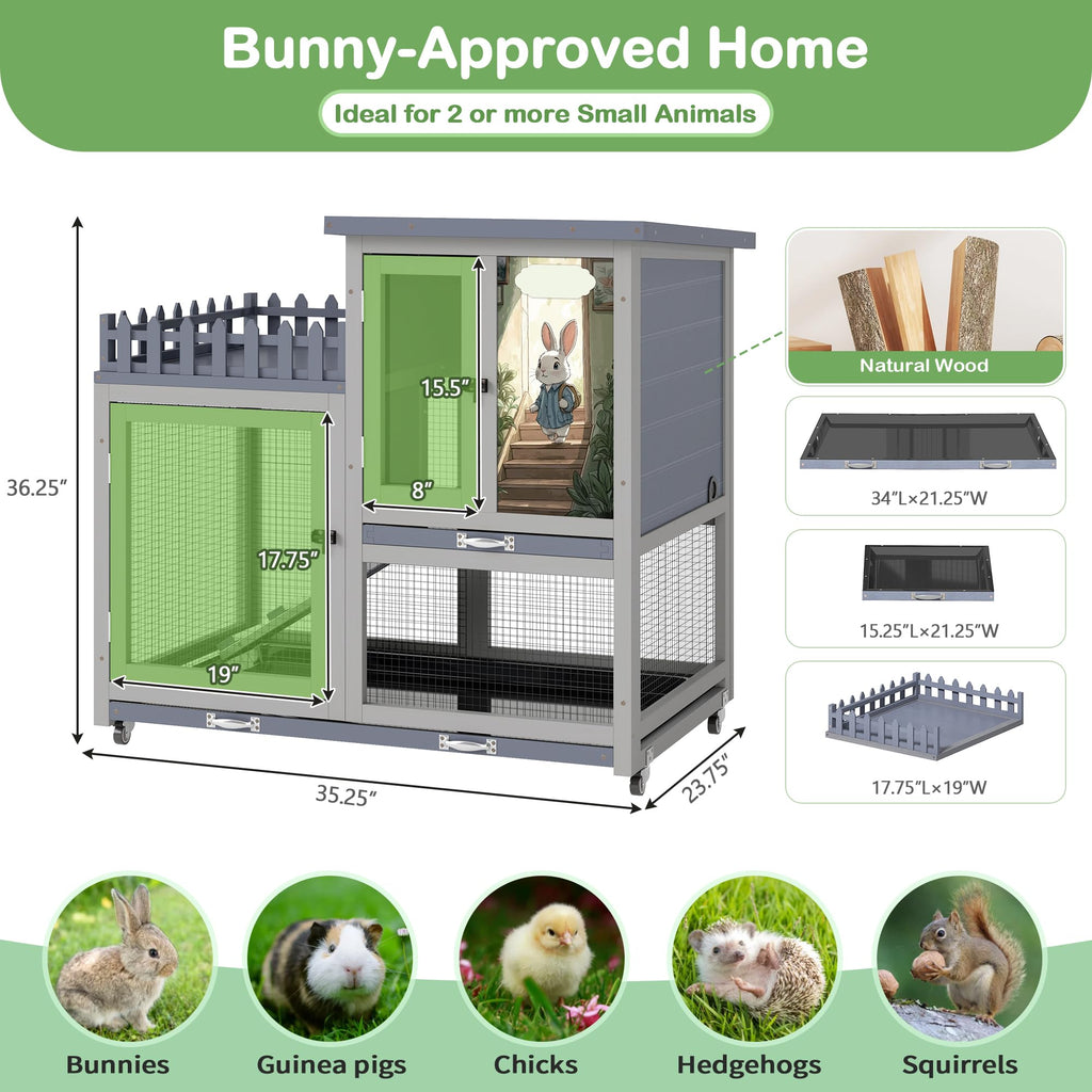 Wood Rabbit Hutch with Balcony on Wheels C21905