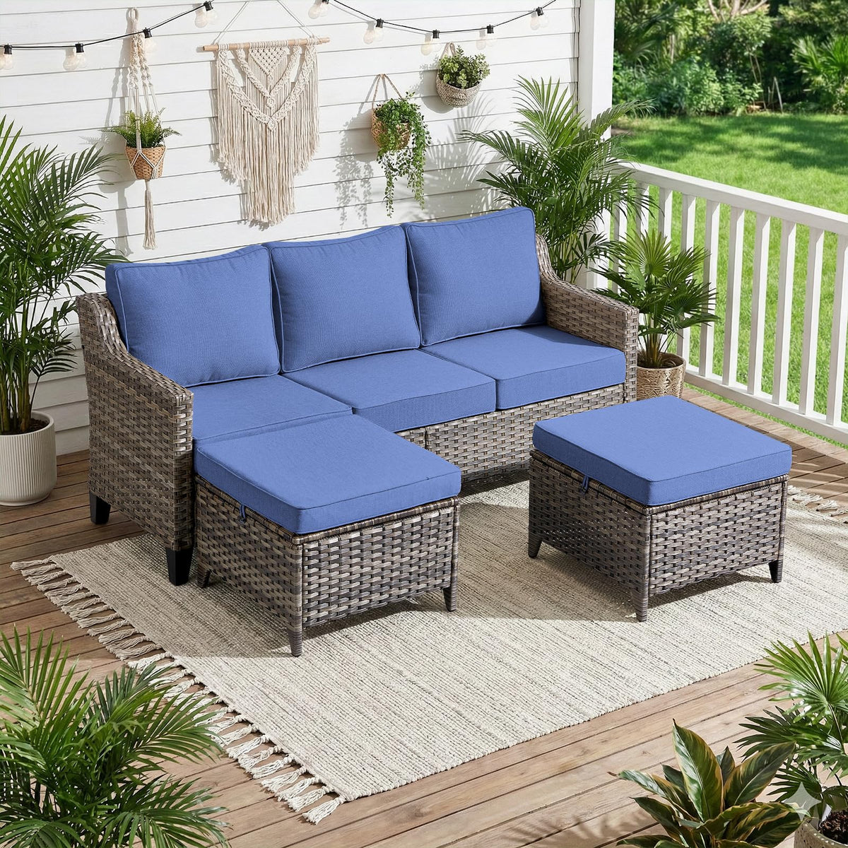3 Pieces All Weather Wicker Patio Sofa Set with 2 Footstools V68740