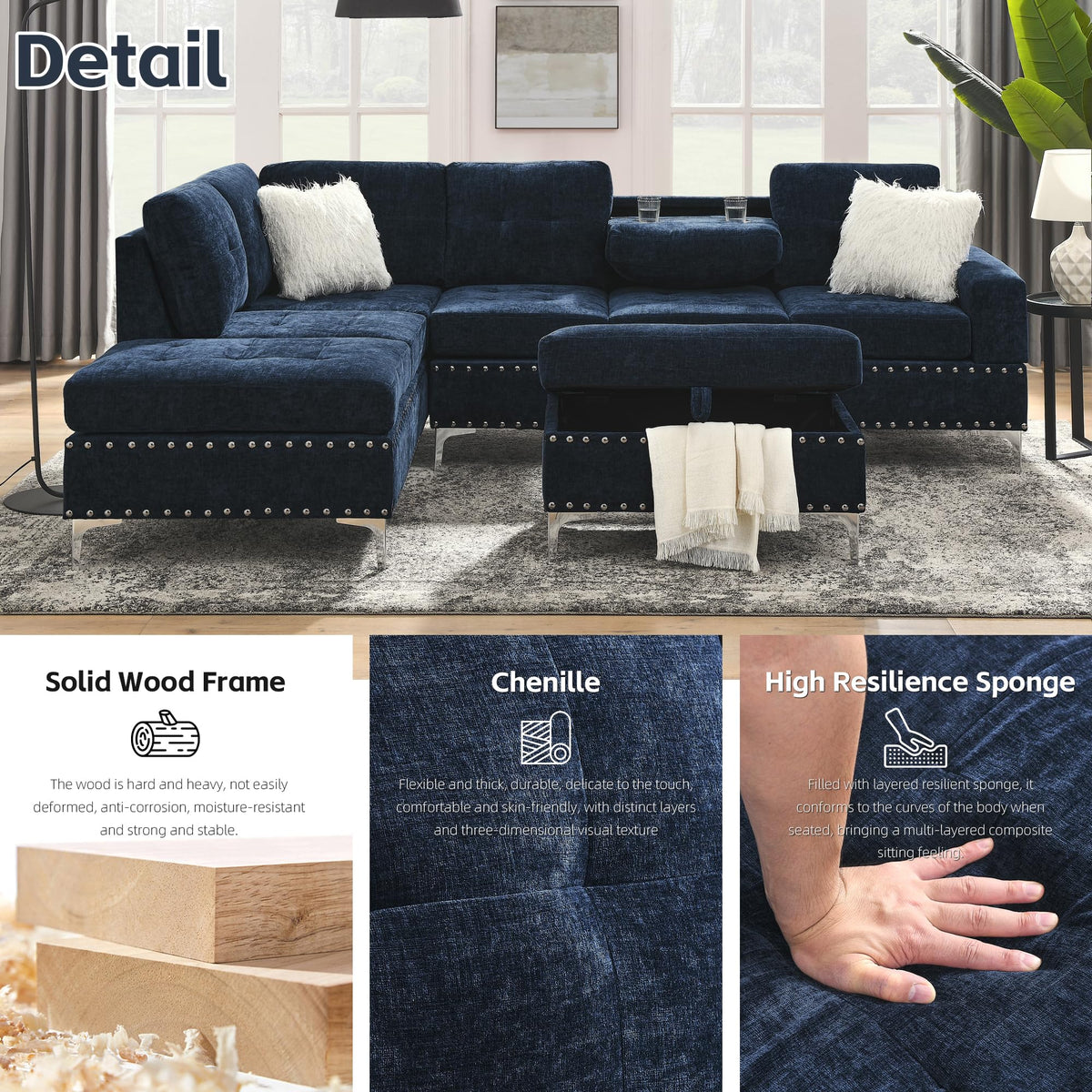 108'' Chenille Navy Blue L-Shaped Sectional Sofa with Storage Ottoman J8758