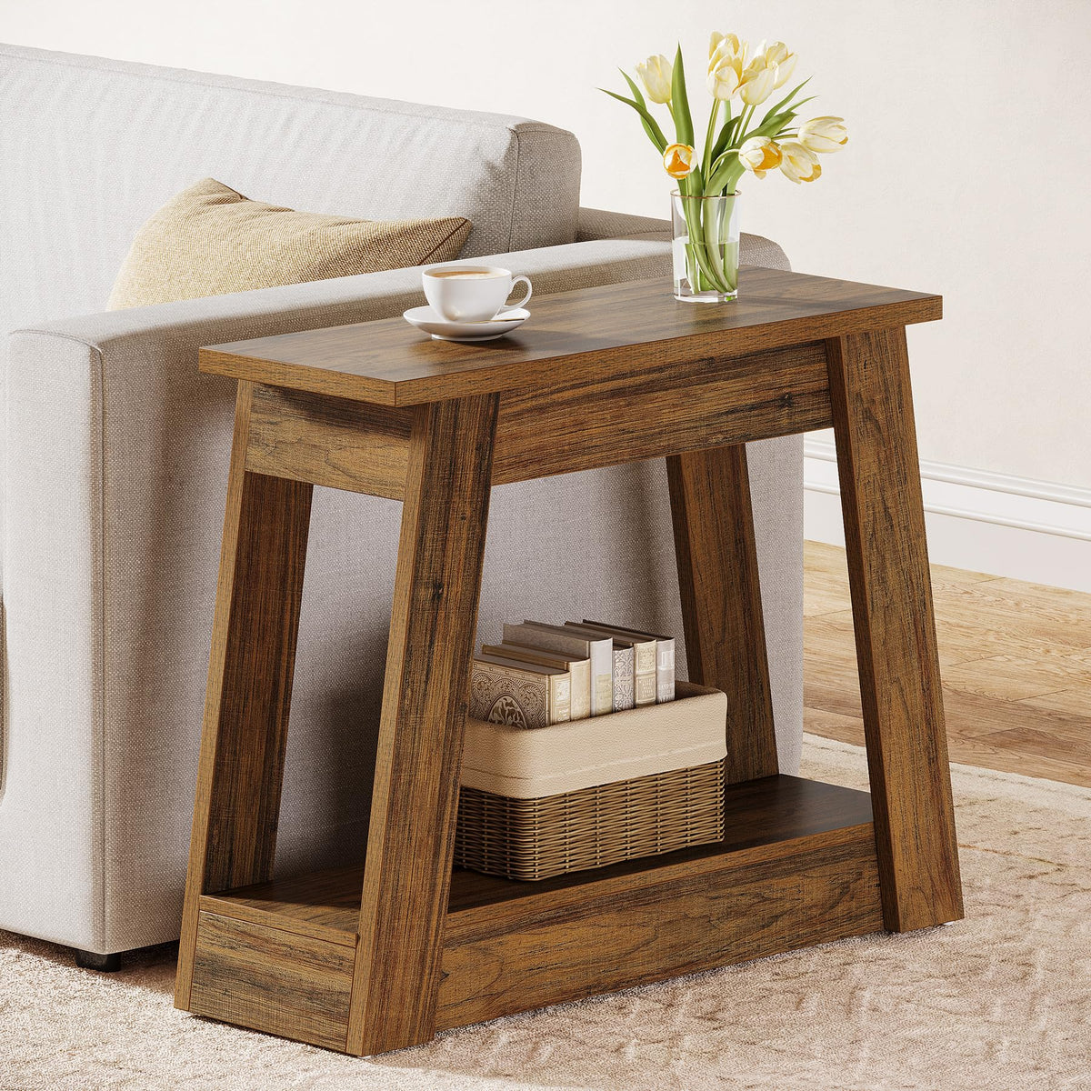 Wood End Table with 2 Storage Shelves R416