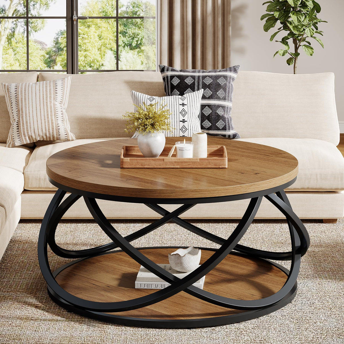 2-Tier Round Coffee Table with Storage Shelf H161