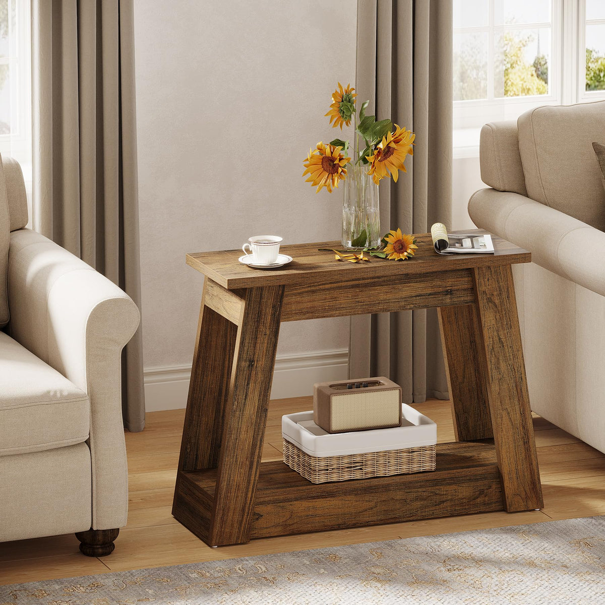 Wood End Table with 2 Storage Shelves R416