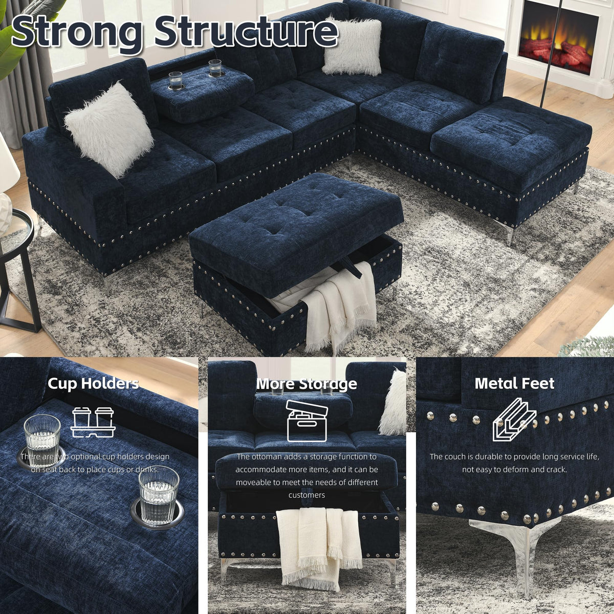 108'' Chenille Navy Blue L-Shaped Sectional Sofa with Storage Ottoman J8758