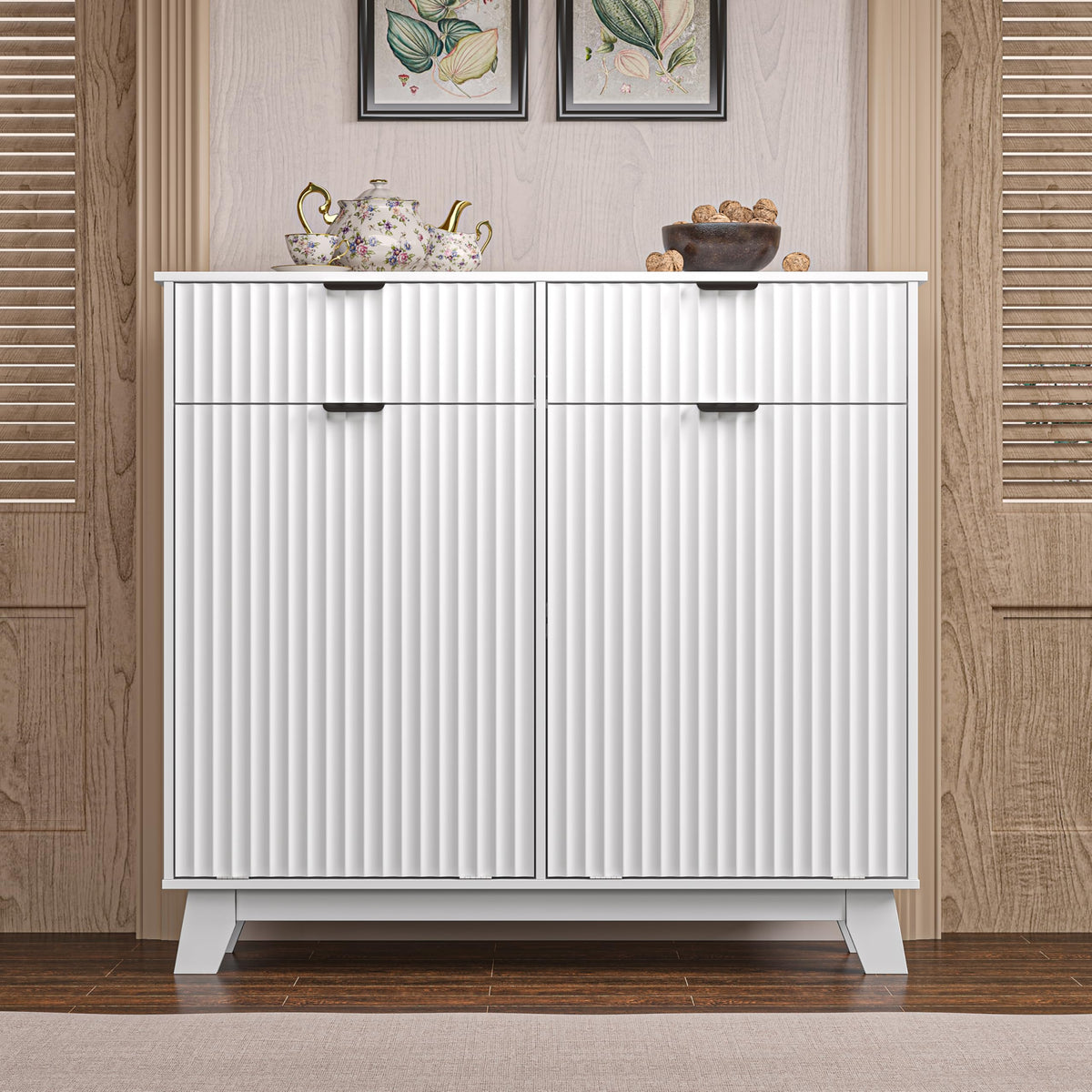 White 20 Gallon Double Tilt Out Laundry Hamper Cabinet with 2 Drawers P1201